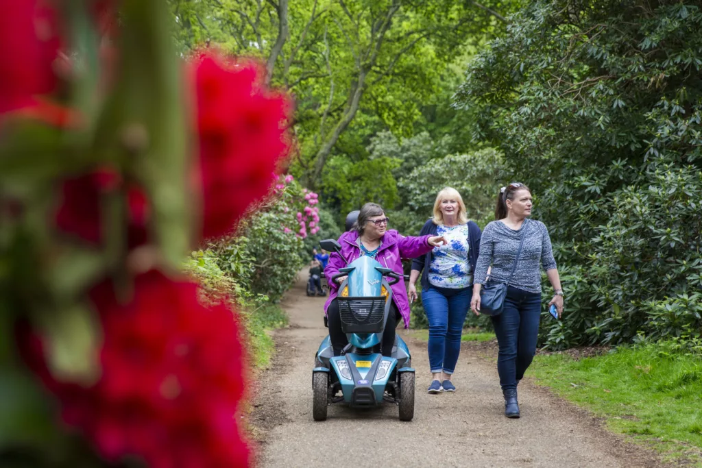 Two people walking and one using a mobility scooter in Sheringham Park