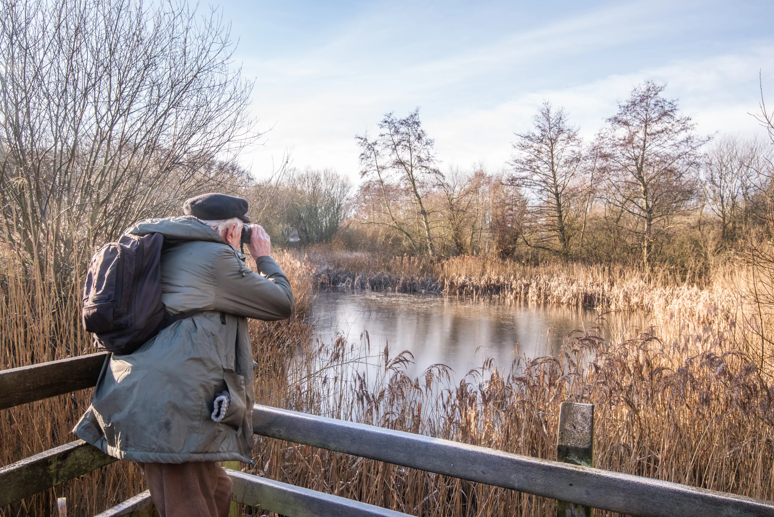 Older man using binoculars to birdwatch in marshes