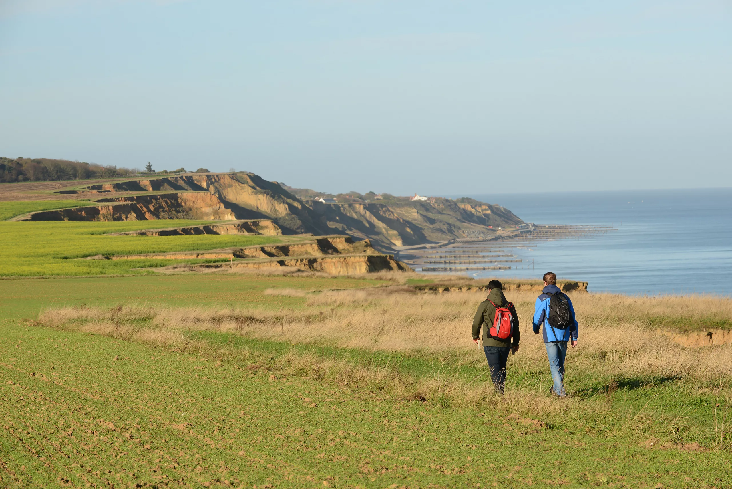 Two people walking, cliffs and beach in the distance